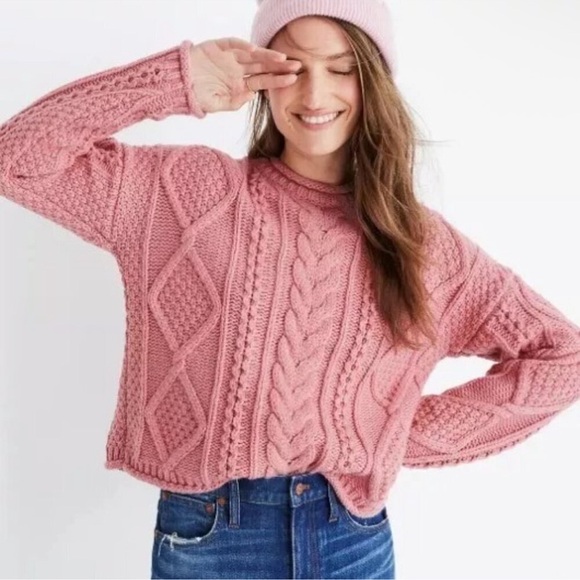Madewell Pink Cable Knit Chunky Pullover Fisherman Sweater - Picture 1 of 6